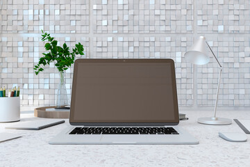 Poster - Close up of modern designer desktop with empty laptop screen, lamp, supplies various other objects and shiny light tile wall background. 3D Rendering.