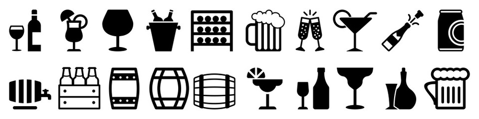Wall Mural - Alcoholic drinks icon vector set. Alcohol illustration symbol collection. Glass, bottle, barrel sign or logo.