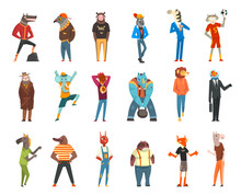 Humanized Animal Characters Wearing Human Clothing In Standing Pose Vector Set