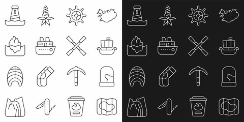 Sticker - Set line Map of Iceland, Christmas mittens, Viking ship Drakkar, Ship steering wheel, Cruise, Iceberg, Lighthouse and Oars or paddles boat icon. Vector