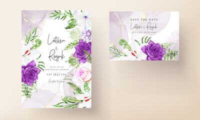 Wall Mural - purple flower and leaves wedding invitation card template