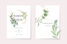 Green Luxury Wedding Invitation, Floral Invite Thank You, Rsvp Modern Card Design In Gold Flower With  Leaf Greenery  Branches Decorative Vector Elegant Rustic Template