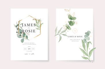 Green Luxury Wedding Invitation, floral invite thank you, rsvp modern card Design in gold flower with  leaf greenery  branches decorative Vector elegant rustic template