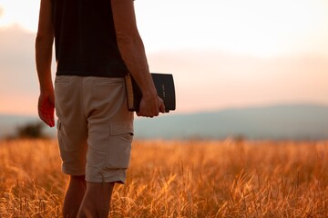 human praying on the holy bible in a field during beautiful sunset.