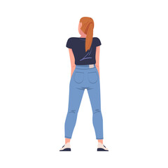 Poster - Woman Character with Ponytail in Denim Jeans Standing Back View Vector Illustration