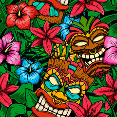 Seamless pattern with tropical flowers, palm leaves, monstera leaves and tiki mask. Vector illustration.