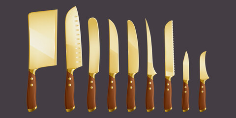 Kitchen knives, chef cutlery for cooking, cutting and carving food. Vector realistic set of 3d knives different types with golden sharp blades and wooden handles isolated on background