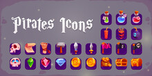 Pirate Icons With Treasure Chest, Skull, Gold Coins, Swords And Bottles. Vector Cartoon Set Of Game Objects, Old Map, Scroll, Black Flags, Gemstones, Bomb And Dynamite Isolated On Background