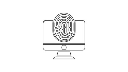 Aufkleber - Black line Monitor with fingerprint icon isolated on white background. ID app icon. Identification sign. Touch id. 4K Video motion graphic animation