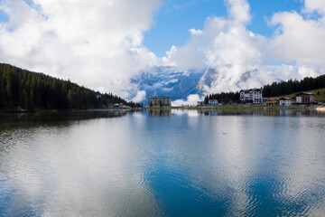 Panoramic morning view of Misurina village, National Park Tre Cime di Lavaredo, Location Auronzo, Dolomiti Alps, South Tyrol, Italy, Europe. Colorful summer scene of Misurina lake.