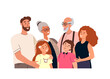 Family support,love,help concept.Happy senior parents,adult daughter and son,kids,grandchildren portrait.Harmony in healthy bonding relationships.Flat vector illustration isolated on white background