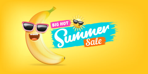 Summer sale funny horizontal banner with cartoon sun and funky banana character isolated on summer orange background. Vector 3d horizontal summer hot sale poster, flyer, banner, tag and background