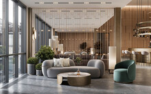 3d Rendering Of The Luxurious Hotel Lobby. Interior Of A Hotel Waiting Lounge With Sofa And Armchair.