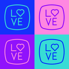 Poster - Pop art line Love text icon isolated on color background. Valentines day greeting card template. Vector