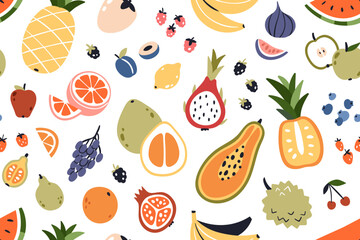 Wall Mural - Seamless fruity pattern. Tropical background with summer fruits and berries repeating print. Printable endless texture design with exotic healthy vitamin food. Colored flat graphic vector illustration