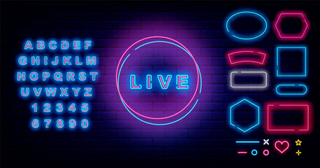 Wall Mural - Live neon signboard. On air label. Radio podcast badge. Frames collection. Shiny blue alphabet. Vector illustration