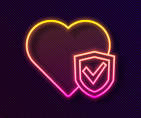 Wall Mural - Glowing neon line Life insurance with shield icon isolated on black background. Security, safety, protection, protect concept. Vector