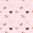 Seamless pattern cute cat on pink background.