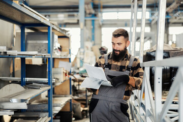 Wall Mural - An industry worker checking on bus construction in vehicle production factory.