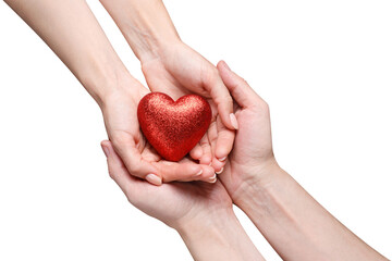 Wall Mural - Male and female hands holding a red love heart, isolated on white background