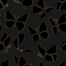 Seamless Pattern With Golden Flying Butterflies On Dark Background. Cover Of Planner, Bullet Journal, Decor For Children’s Room, Textile, Greeting Card. One Line Art Vector Illustration