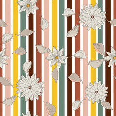 Groovy flower pattern, plants, branches. Seamless retro texture in simple linear style, 60s-70s hippie era, psychedelic plants