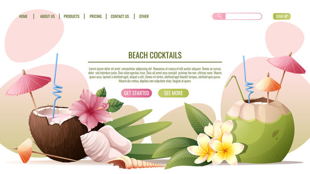 Web page template with beach cocktail in coconut with flower and seashells.Concept for web banner and landing page. Beach theme, tropical vacation