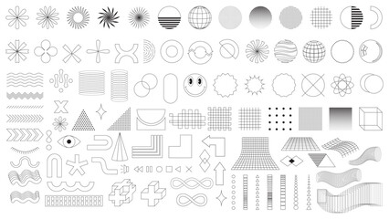 A set of trendy minimalistic linear icons and shapes for web design, posters, clothes, flyers, covers. Universal elements in vaporwave and brutalism style. Retro futurism shapes. Vector illustrations