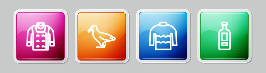 Poster - Set line Sweater, Albatross, and Bottle of vodka. Colorful square button. Vector