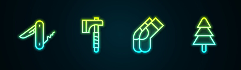 Wall Mural - Set line Swiss army knife, Wooden axe, Socks and Tree. Glowing neon icon. Vector