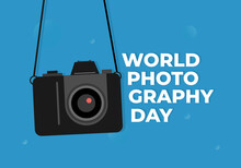 World Photography Day Banner Poster On August 19 With Vintage Camera On Blue Background.