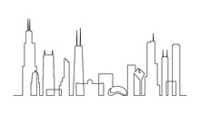 Chicago Skyline In Continuous Line Art Drawing Style. Cityscape Of Chicago With Silhouettes Of Most Famous Buildings And Towers. Black Linear Design Isolated On White Background. Vector Illustration