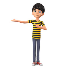 Wall Mural - Cartoon character guy in a striped t-shirt points to an empty hand. 3d render illustration.