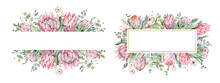 Protea Frame, Protea Wreath, Pink Flowers, Postcard Design, Greenery Background, Floral Border, Wedding Invitation