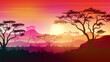 Africa savanna landscape at Sunset with colorful gradient sky