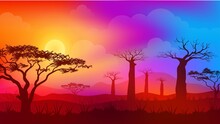 Sunset In Africa Savanna Landscape With Colorful Gradient Sky