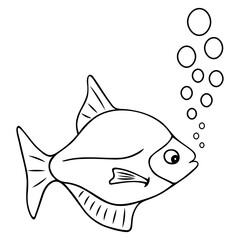 Sea fish releases bubbles. Sketch. Vector illustration. Outline on a white isolated background. Inhabitant of the ocean and aquarium. Coloring book. Doodle style. Idea for web design.