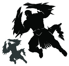 The Black Silhouette Of A Barbarian Warrior In An Epic Leap, He Is A Lycanthrope With Huge Brass Knuckles Claws Larger Than A Bear Paw, Bald And Muscular. 2d Dynamic Action Vector Art