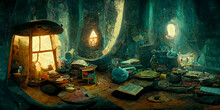 Inside Fantasy Wizard Magician's House Wizard Elf With Spellbooks Goblins