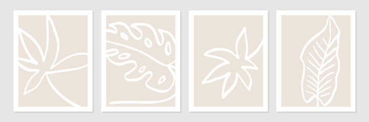 Aufkleber - Set of abstract tropical organic shapes, leaves, lines and textures in white on neutral nude and beige background.