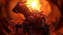 A Demonic Samurai Riding A Hellish Horse In An Epic Inspiring Pose Raises A Fiery Katana Up, Preparing To Attack, Around His Army And The Battlefield Illuminated By The Sun. 3d Rendering