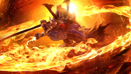 A samurai in a demonic red mask on the battlefield makes a swing with a katana creating a sizzling fire ring around, he is a mystical martial artist against setting sun. 3d rendering splash action art