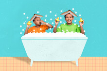 Collage Picture Of Two Happy Smiling Kids Sit Foam Bath Book Head Hands Hold Rubber Duck Isolated On Drawing Background