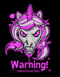 Cartoon angry unicorn with grunge elements and lettering. Vector illustration, can be used as T-shirt print. Black, pink and grey series. 