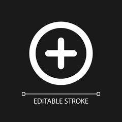 Sticker - Add button pixel perfect white linear ui icon for dark theme. Increase volume. Menu command. Vector line pictogram. Isolated user interface symbol for night mode. Editable stroke. Arial font used