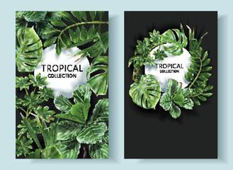 Wall Mural - Vector tropical frames with green leaves on black background. Luxury exotic botanical design for cosmetics, wedding invitation, summer banner, spa, perfume, beauty, travel, packaging design