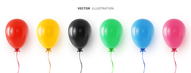 Wall Mural - set of colorful helium balloons with bows and colored ribbons. realistic 3d vector illustration on w