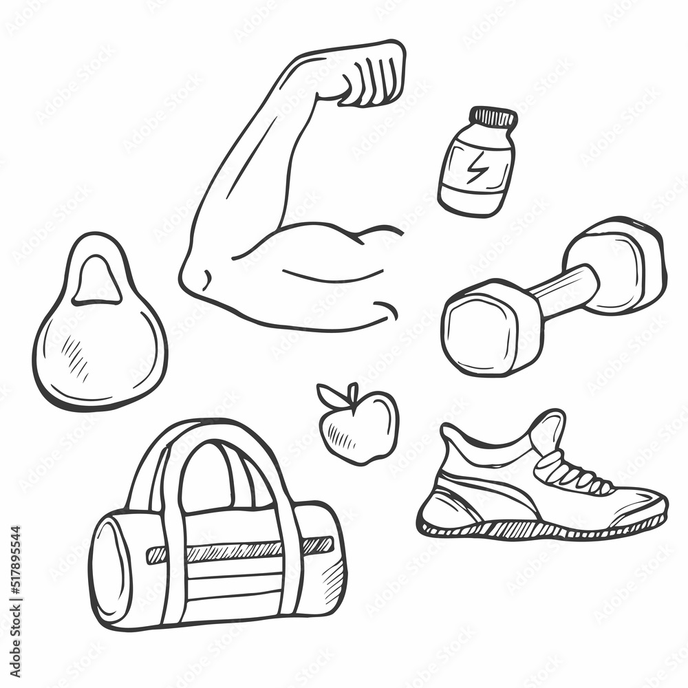 hand drawn Fitness and sport icons set. Healthy lifestyle symbols ...