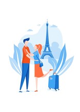 Man And Woman Cute Cartoon Traveler With Eiffel Tower.