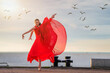 Leinwandbild Motiv Dancing ballerina in a red flying skirt and leotard on the ocean embankment or on the sea beach surrounded by seagulls in the sky.